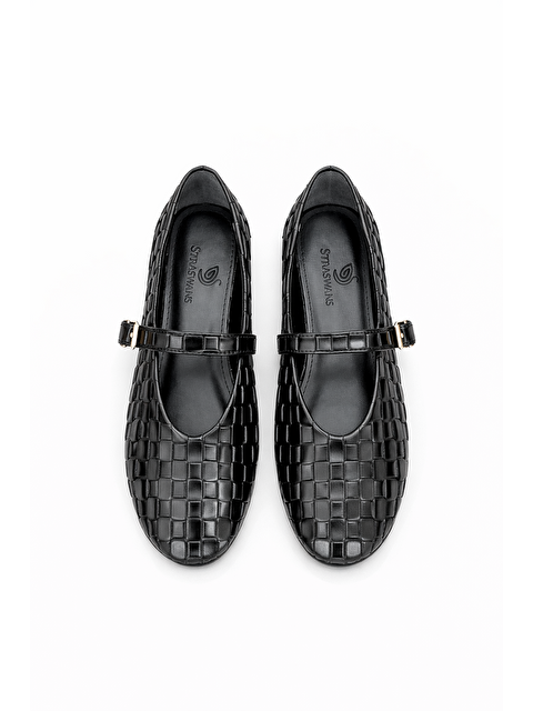 Straswans Jun Kadın Örgü Detay Deri Babet Siyah