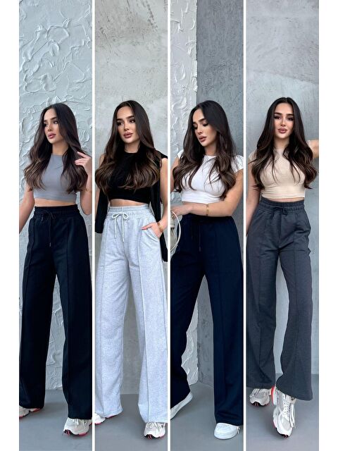 Mmetalic Siyah-Lacivert-Gri-Antrasit Kadın Mevsimlik Salaş Geniş Paça Yüksek Bel 4'lü Eşofman Altı - S000339323-37346