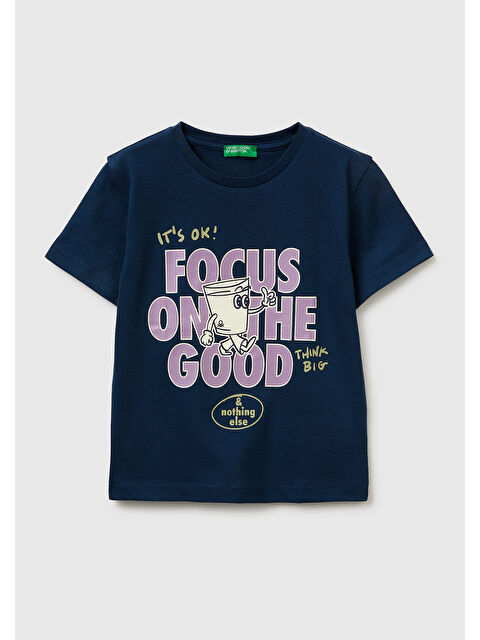 United Colors Of Benetton Erkek Çocuk Koyu Lacivert Çok Renkli Baskılı Bisiklet Yaka T-Shirt
