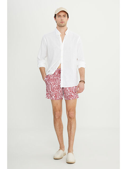 AC&Co / Altınyıldız Classics Erkek Beyaz Kırmızı Standart Fit Normal Kesim Cepli Hızlı Kuruyan Desenli Mayo Deniz Şortu - S000394496-37232
