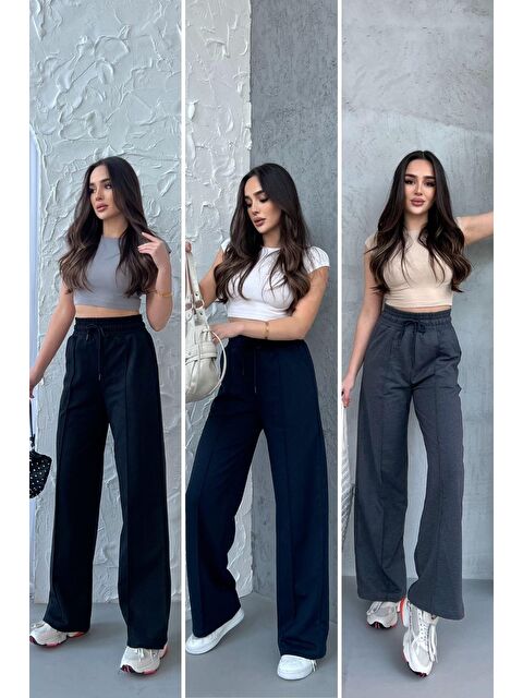 Mmetalic Siyah-Lacivert-Antrasit Kadın Mevsimlik Salaş Geniş Paça Yüksek Bel 3'lü Eşofman Altı - S000339323-37189