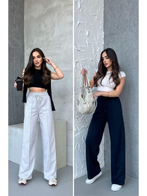 Mmetalic Siyah-Antrasit Kadın Mevsimlik Salaş Geniş Paça Yüksek Bel 2'li Eşofman Altı - S000339323-37281