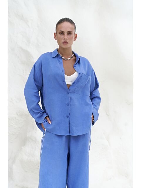 Bohemai Orchidea Oversize Saks Mavi Keten Gömlek Takım - S000393130-23710
