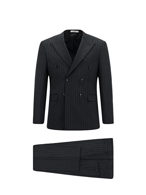 Kiğılı Slim Fit Dar Kesim Yünlü Çizgili Kruvaze Takım Elbise - S000443191-37483