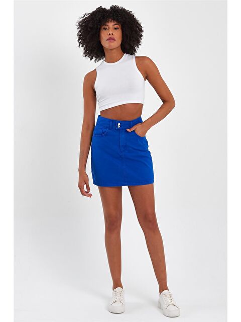 Explode Kadın Çift Düğmeli Mini Denim Etek Saks - S000132588-23710