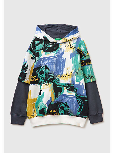 United Colors Of Benetton Erkek Çocuk Koyu Mavi Mix Tamamı Desenli Çift Kollu Logo Etiketli Kapüşonlu Sweatshirt