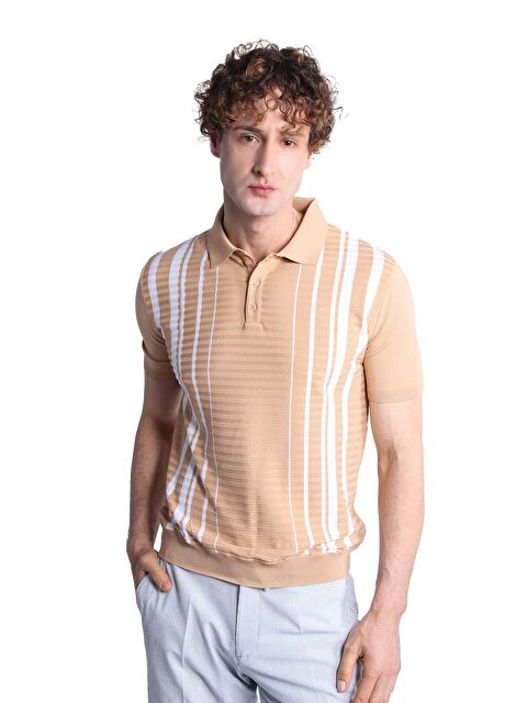 igs Bej Slim Fit Dar Kalıp Düğmeli Polo Yaka Desenli Kısa Kollu Triko Tişört - S000490458-19928