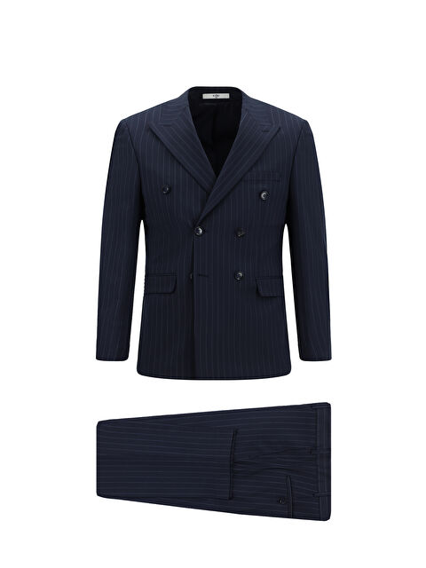 Kiğılı Slim Fit Dar Kesim Yünlü Çizgili Kruvaze Takım Elbise