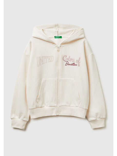 United Colors Of Benetton Kız Çocuk Ekru Simli Logolu Fermuarlı Cepli Kapüşonlu Yüksek Yaka Sweatshirt