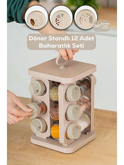 Porsima 1079 Kare Döner Standlı Dönerli Kapaklı 12'li Cam Baharatlık Seti Takımı-cappuccino - S000233587-29705