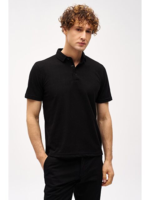 igs Siyah Slim Fit Dar Kalıp Fermuarlı Polo Yaka Desenli Kısa Kollu  Tişört - S000490459-19351