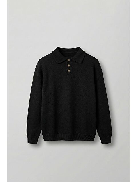 Abluka Online Erkek Oversize Düğmeli Triko Kazak Siyah - S000491142-19351