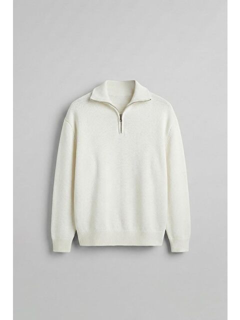 Abluka Online Erkek Yarım Fermuarlı Premium Kumaş Oversize Kazak Ekru - S000491143-19965