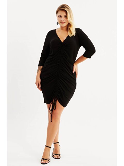 Mylinemoda V Yaka Büzgü Detaylı Elbise - S000239553-19351