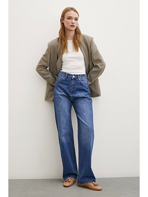 Never More Yüksel Bel Jean Kesik Geniş Paça Mavi - S000291391-17234