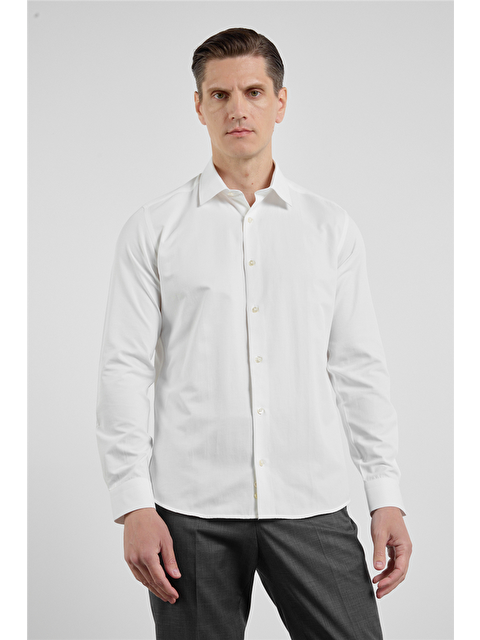 İMZA Krem Sert Yaka Uzun Kol Cepsiz Slim Fit Pamuklu Gömlek 1004255913