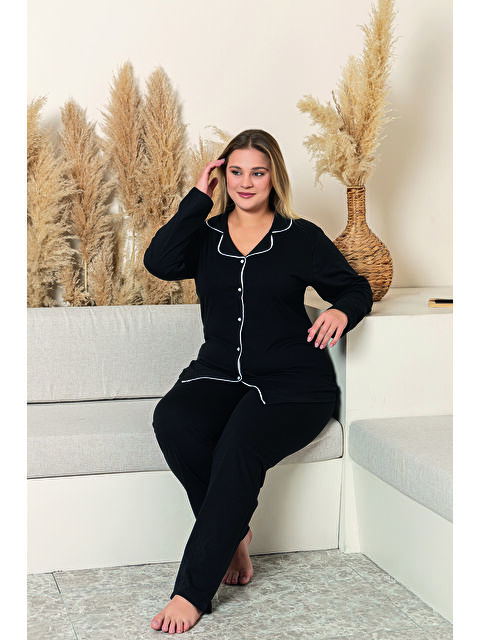 Line Smart Kadın %100 Organik Pamuk Doğal Gömlek Yaka Düğmeli Uzun Kollu Biyeli Battal Pijama Takımı - S000432832-19351