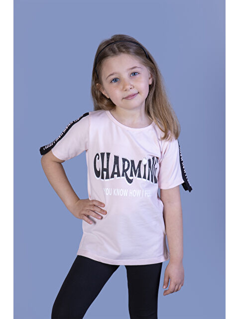 Toontoykids Kız Çocuk Kolları Şerit Detaylı Baskılı Tişört