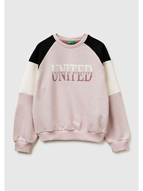 United Colors Of Benetton Kız Çocuk Lacivert Renkli Baskılı Kontrast Detaylı Logolu Bisiklet Yaka Sweatshirt