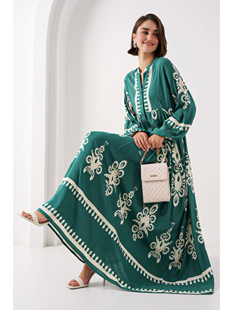 Bigdart 2423 Otantik Desenli Tesettür Elbise - A. Zümrüt Yeşili - S000273939-34206