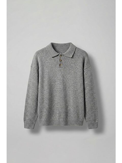 Abluka Online Erkek Oversize Düğmeli Triko Kazak Gri - S000491142-20600