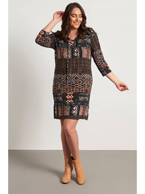 Mylinemoda Etnik Desen Kuş Gözlü Penye Elbise - S000239445-37444