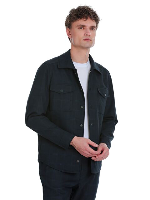 Hatemoğlu Lacivert  Slim Fit Kareli Mono Yaka Overshirt Takım - S000387183-21164