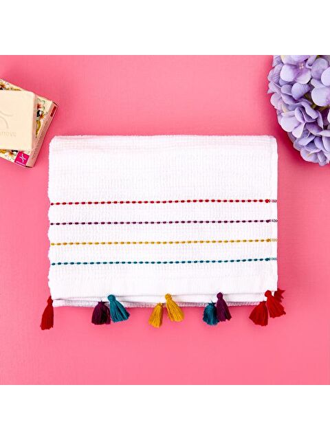 Evidea Soft Püsküllü Yüz Havlusu - Beyaz / Renkli - 50x90 cm - S000365877-20063