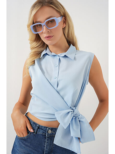 Bigdart Kadın Sıfır Kol Önü Bağlamalı Gömlek 20340 - Mavi - S000397358-17234