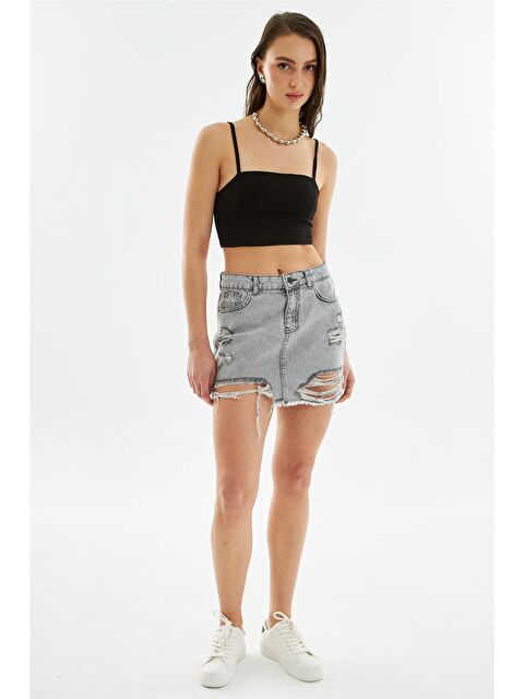 Explode Kadın Yırtık Detaylı Mini Denim Etek Antrasit - S000132589-29666