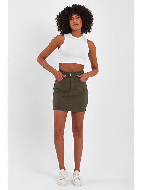 Explode Kadın Çift Düğmeli Mini Denim Etek Haki - S000132588-18547