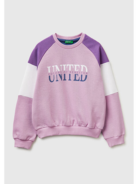 United Colors Of Benetton Kız Çocuk Pembe Renkli Baskılı Kontrast Detaylı Logolu Bisiklet Yaka Sweatshirt
