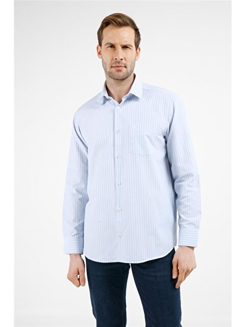 İMZA Mavi - Beyaz Çizgili Desen Sert Yaka Uzun Kol Cepli Comfort Fit Pamuklu Gömlek 1004255277 - S000505544-37368