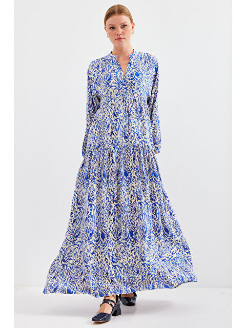 Bigdart Kadın Desenli Saks Viskon Tesettür Elbise 2423 - S000089420-2496