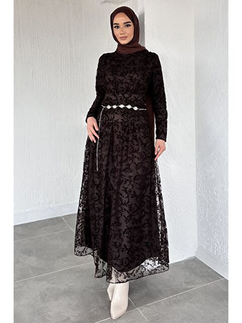 Julude Kadın Astarlı Flok Baskılı Tesettür Elbise - S000517582-19413