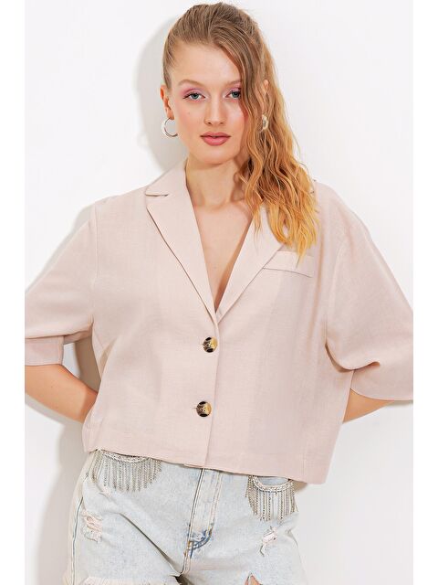Bigdart Kadın Krem Çift Düğmeli Oversize Crop Keten Görünümlü Ceket 0706 - S000162900-19966
