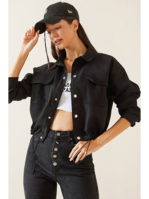 Xhan Siyah Çift Cepli Çıtçıtlı Crop Ceket 5KXK4-48965-02 - S000283497-19351