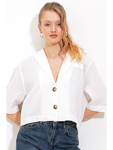 Bigdart Kadın Beyaz Çift Düğmeli Oversize Crop Keten Görünümlü Ceket 0706 - S000162900-20063