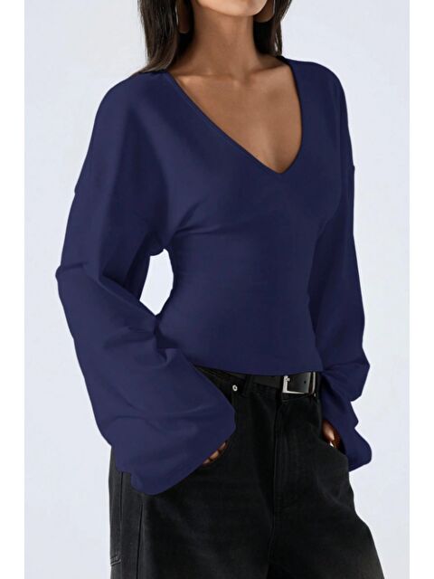 Tarz Cool Kadın V Yaka Uzun Kollu Belden Oturtmalı Bluz