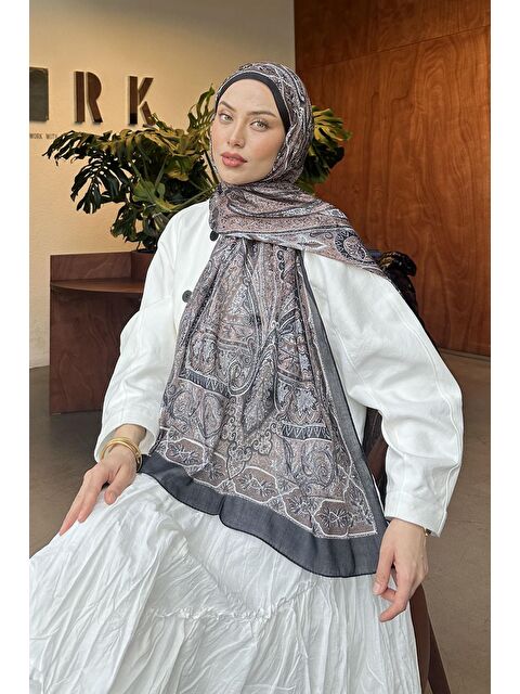 Lamelif Retro Desen Pamuk Şal Soft Kahve - S000529595-19413