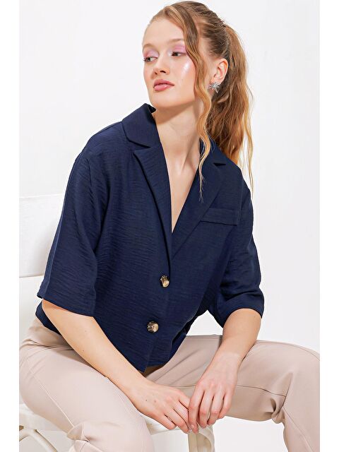 Bigdart Kadın Lacivert Çift Düğmeli Oversize Crop Keten Görünümlü Ceket 0706 - S000162900-21164