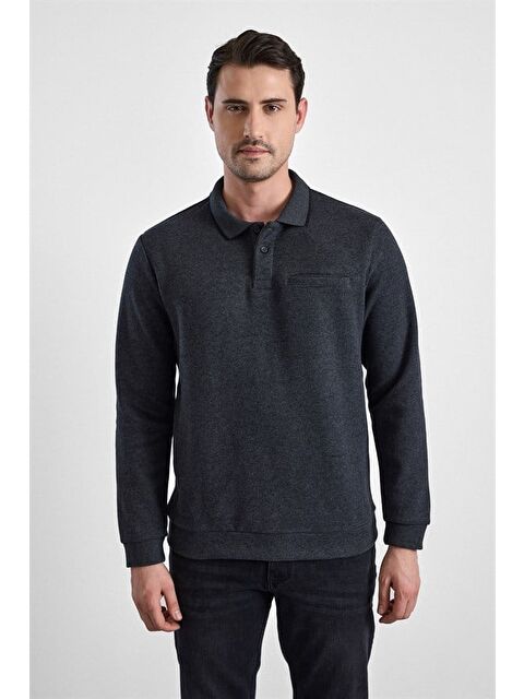 Süvari Antrasit Regular Düz Baskısız Selanik Düğmeli Polo Yaka Torba Cep Trikolu Standart Sweatshirt
