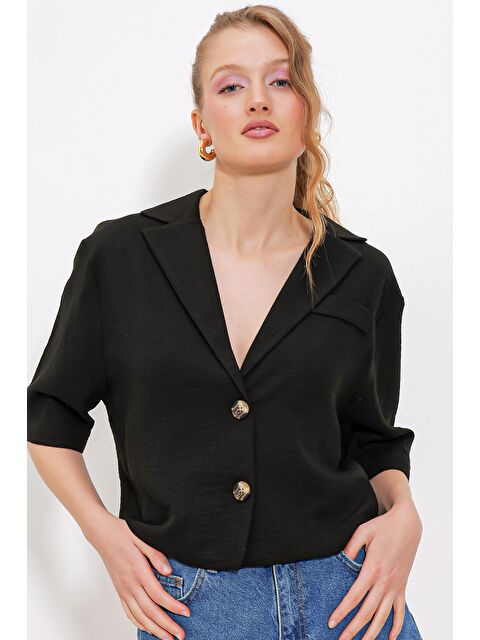 Bigdart Kadın Siyah Çift Düğmeli Oversize Crop Keten Görünümlü Ceket 0706 - S000162900-19351