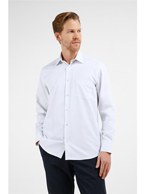 İMZA Beyaz - Gri Çizgili Desen Sert Yaka Uzun Kol Cepli Comfort Fit Pamuklu Gömlek 1004255275 - S000505545-37227