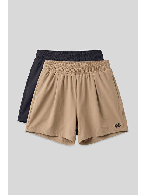 Tommylife Rahat Form Fermuarlı 2li Paket Antrasit-Bej Kadın Şort - 91014 - S000518255-19928