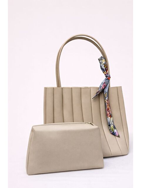 My Kids Wear Kadın Piliseli Omuz Çantası ve Cüzdan Seti - Desenli Eşarp Detaylı El ve Kol Çantası 12673