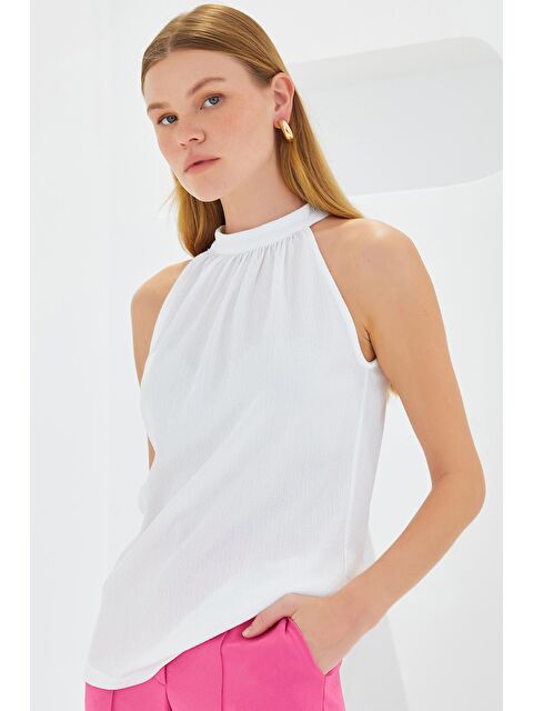 Bigdart 0489 Halter Yaka Örme Bluz - Beyaz