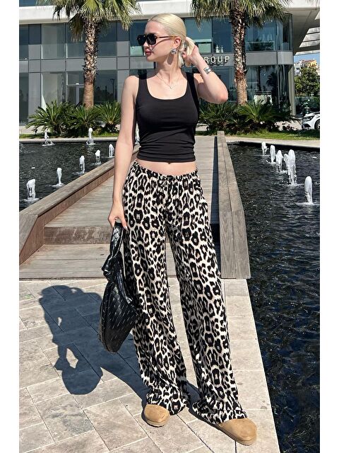 Madmext Krem Ayarlanabilir Bel Leopar Desenli Bol Paça Pantolon Mg2095 - S000210228-19966