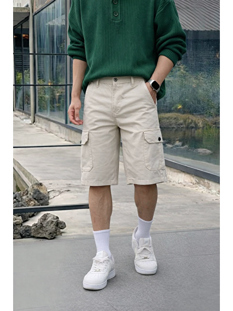 Comstar Erkek Trend Yüksek Bel Uzun Krem Kargo Cep Şort