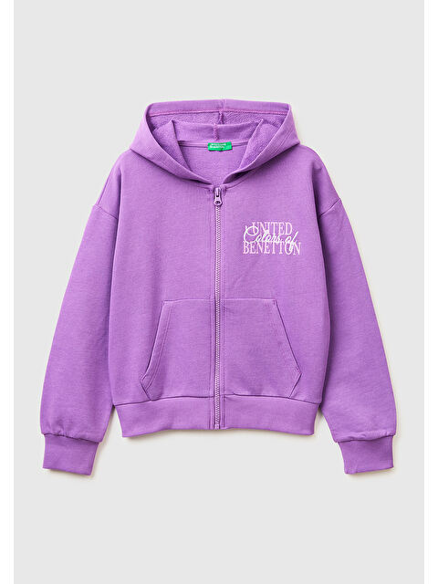 United Colors Of Benetton Kız Çocuk Mor Simli Logolu Fermuarlı Cepli Kapüşonlu Yüksek Yaka Sweatshirt
